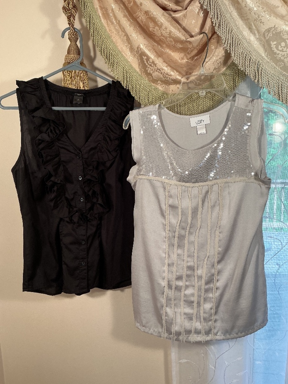 Bundle LOFT Silver Sequin top & Cotton black ruffled button up top both Sz Small